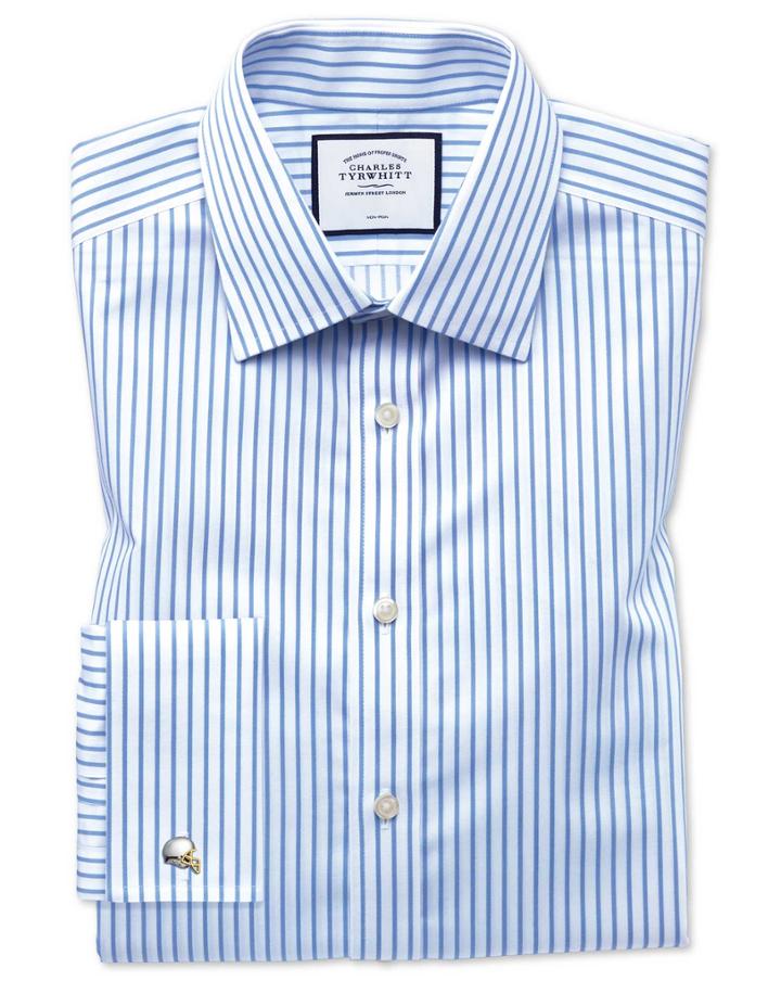 Classic Fit Non-iron Sky Blue Stripe Twill Cotton Dress Shirt Single Cuff Size 15.5/33 By Charles Tyrwhitt