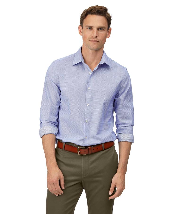  Extra Slim Fit Sky Blue Grid Texture Soft Wash Textured Cotton Casual Shirt Single Cuff Size Small By Charles Tyrwhitt