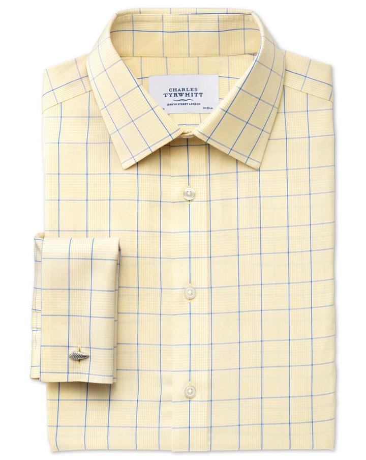 Charles Tyrwhitt Charles Tyrwhitt Classic Fit Non-iron Prince Of Wales Yellow And Royal Blue Cotton Dress Shirt Size 15/33
