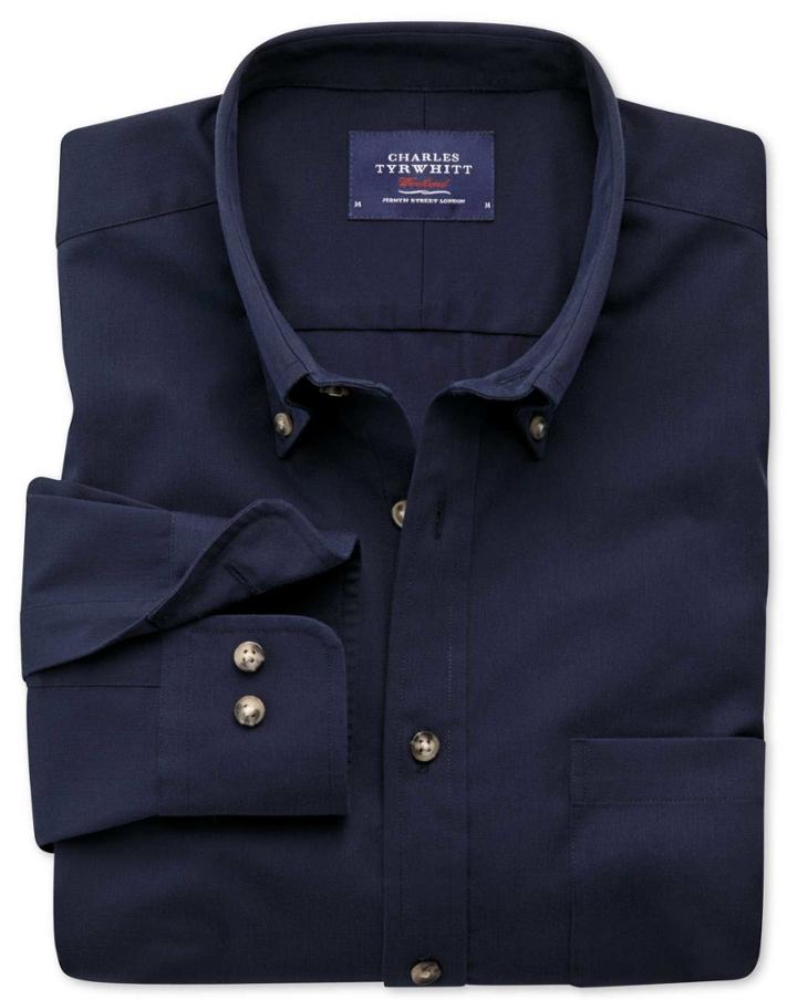 Charles Tyrwhitt Charles Tyrwhitt Slim Fit Non-iron Twill Navy Cotton Dress Shirt Size Large