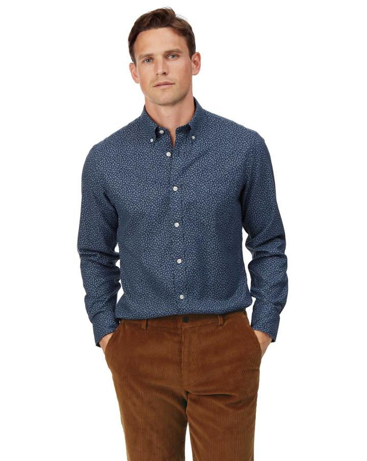  Slim Fit Navy Print Soft Wash Non-iron Twill Cotton Casual Shirt Single Cuff Size Medium By Charles Tyrwhitt