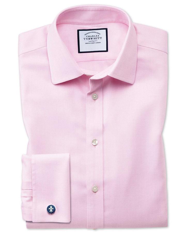Charles Tyrwhitt Classic Fit Non-iron Step Weave Pink Cotton Dress Shirt Single Cuff Size 15/33 By Charles Tyrwhitt
