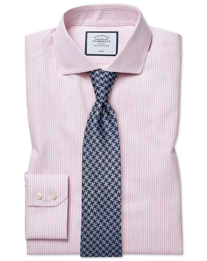  Slim Fit Cutaway Non-iron Soft Twill Pink Stripe Cotton Dress Shirt Single Cuff Size 14.5/33 By Charles Tyrwhitt