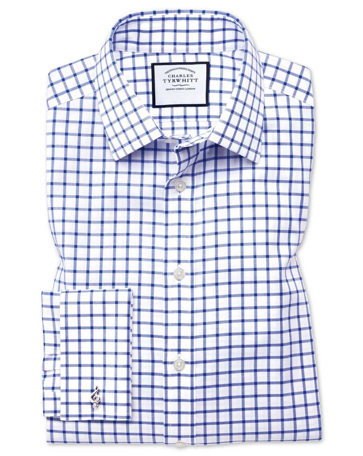 Charles Tyrwhitt Classic Fit Non-iron Twill Grid Check Royal Blue Cotton Dress Shirt French Cuff Size 15/33 By Charles Tyrwhitt