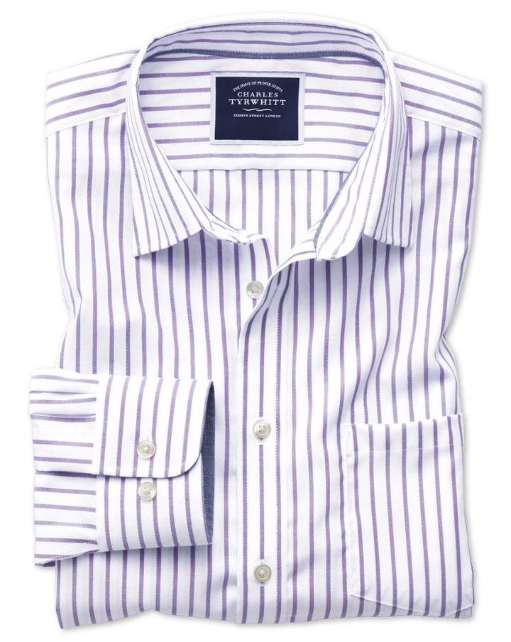  Slim Fit Non-iron Oxford White And Lilac Stripe Cotton Casual Shirt Single Cuff Size Xs By Charles Tyrwhitt