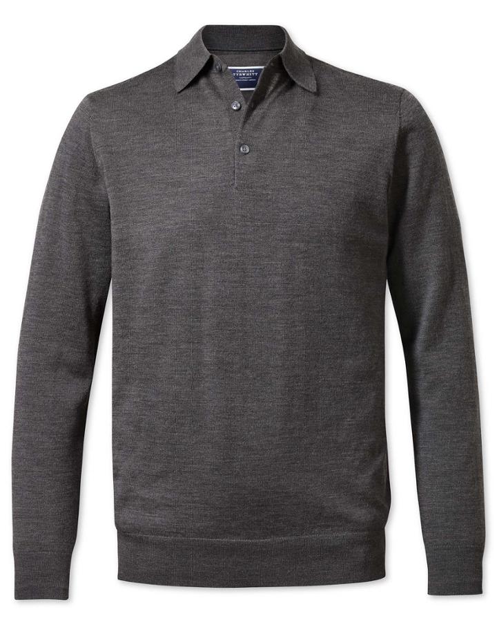  Charcoal Wool Polo Collar Merino Sweater Size Medium By Charles Tyrwhitt
