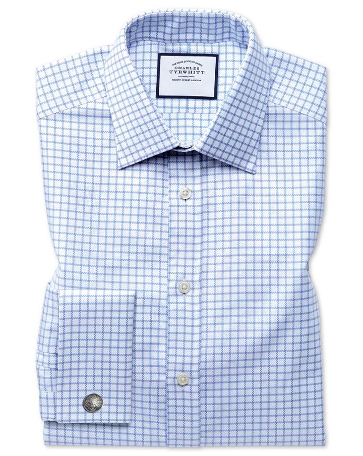  Slim Fit Egyptian Cotton Royal Oxford Sky Blue Check Dress Shirt French Cuff Size 14.5/33 By Charles Tyrwhitt