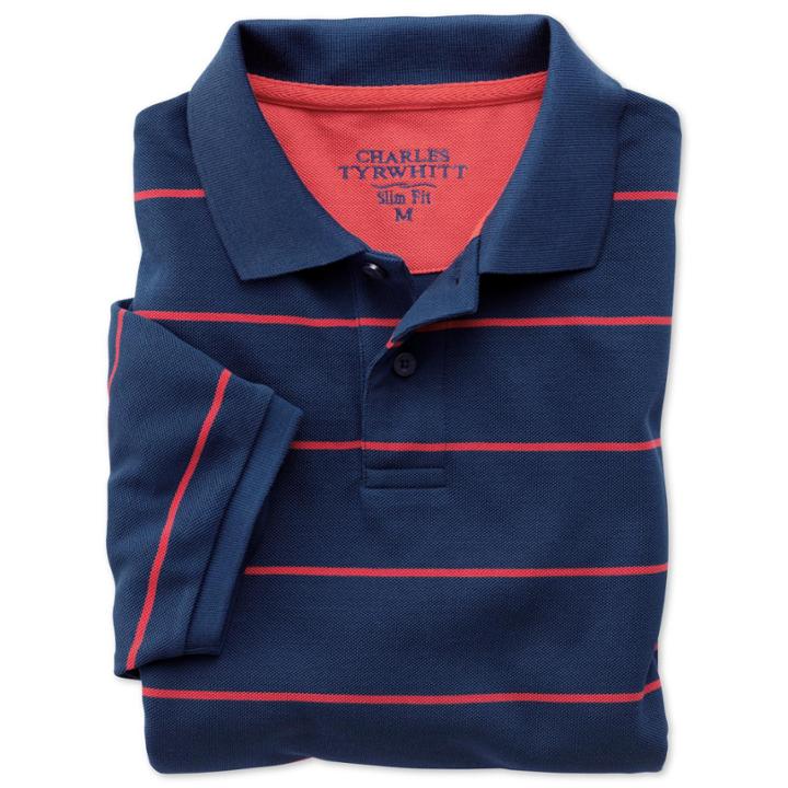Charles Tyrwhitt Charles Tyrwhitt Light Navy And Salmon Short Sleeve Stripe Slim Fit Pique Polo (l)