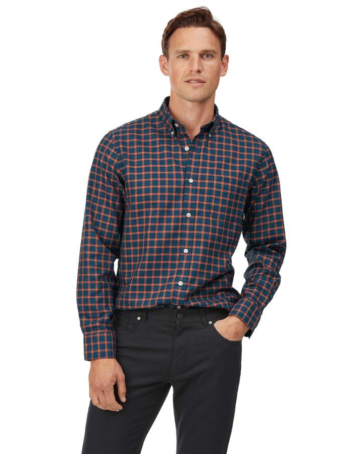  Slim Fit Soft Washed Non-iron Twill Navy And Orange Windowpane Check Cotton Casual Shirt Single Cuff Size Small By Charles Tyrwhitt