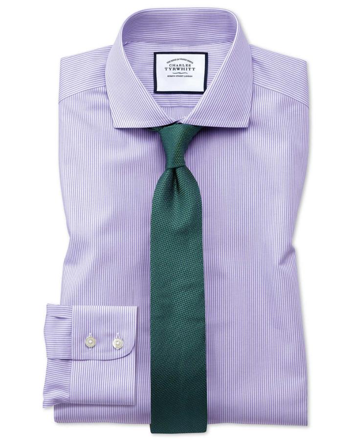  Extra Slim Fit Non-iron Spread Collar Lilac Bengal Stripe Cotton Dress Shirt French Cuff Size 15.5/35 By Charles Tyrwhitt