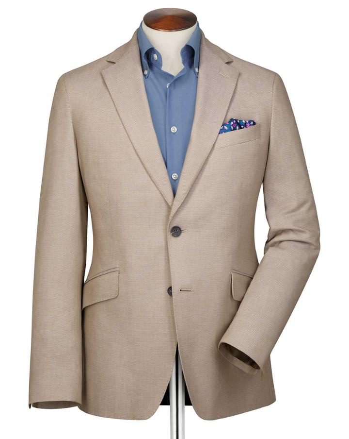  Slim Fit Stone Plain Stretch Cotton Cotton Blazer Size 36 By Charles Tyrwhitt