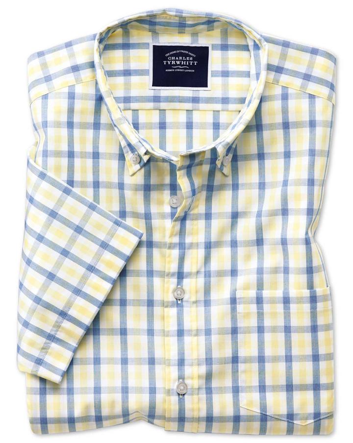  Slim Fit Yellow And Blue Short Sleeve Gingham Soft Washed Non-iron Tyrwhitt Cool Cotton Casual Shirt Single Cuff Size Medium By Charles Tyrwhitt
