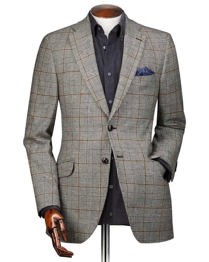  Classic Fit Black Prince Of Wales Checkered Wool Cotton/cashmere Jacket Size 42 By Charles Tyrwhitt