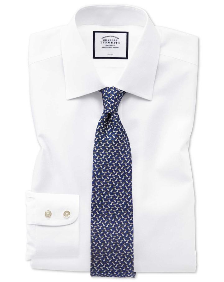  Slim Fit Non-iron White Royal Panama Cotton Dress Shirt Single Cuff Size 14.5/32 By Charles Tyrwhitt