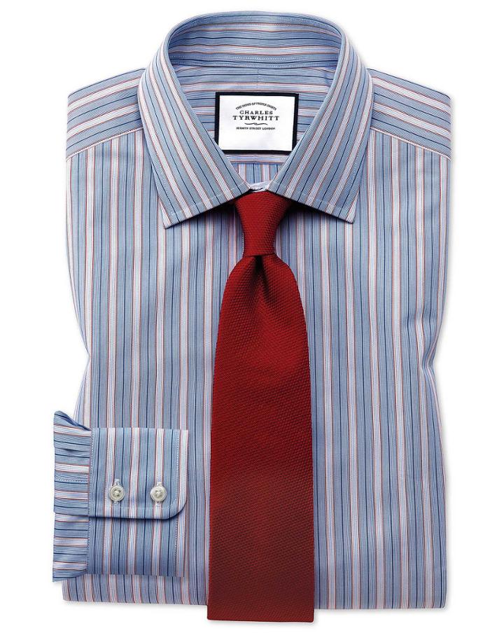  Extra Slim Fit Red Multi Stripe Egyptian Cotton Dress Shirt Single Cuff Size 14.5/32 By Charles Tyrwhitt
