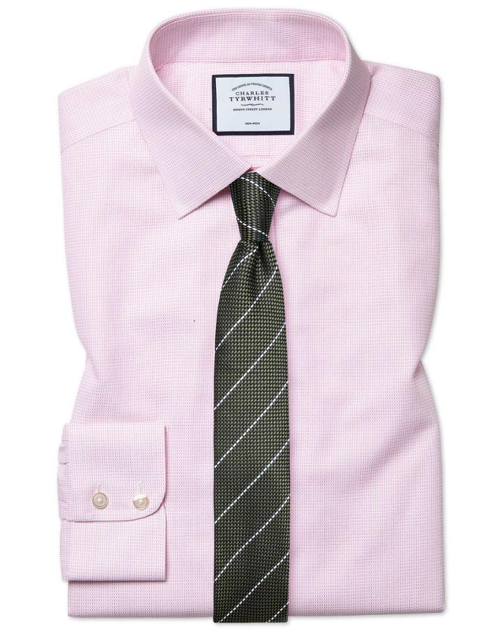  Extra Slim Fit Non-iron Dash Weave Pink Cotton Dress Shirt Single Cuff Size 14.5/32 By Charles Tyrwhitt