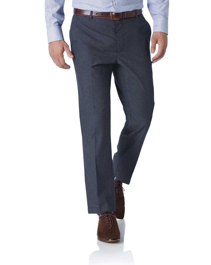  Navy Slim Fit Stretch Non-iron Cotton Tailored Pants Size W32 L34 By Charles Tyrwhitt