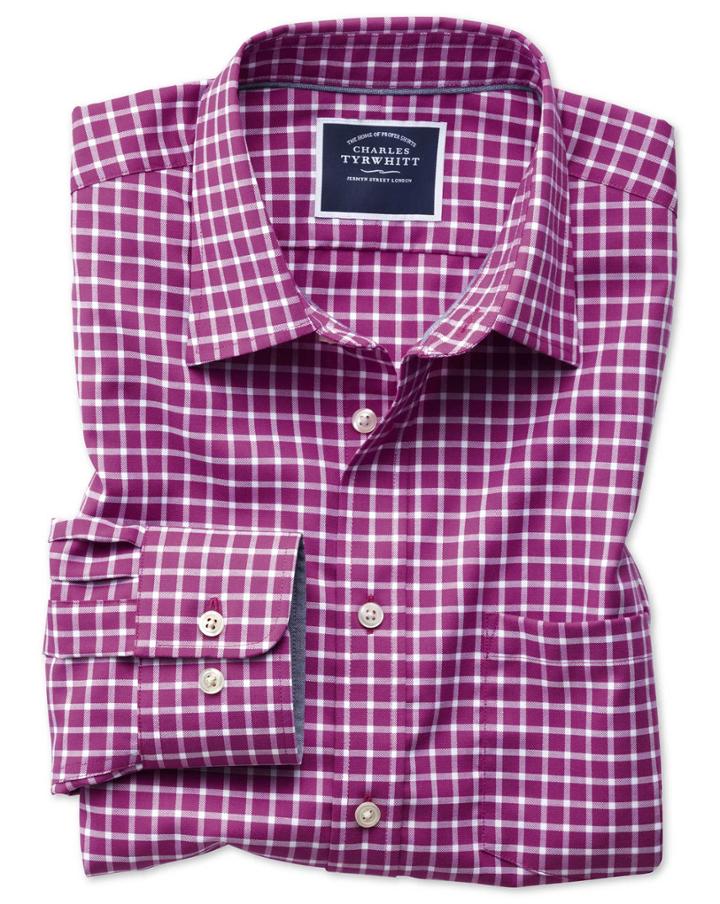  Slim Fit Non-iron Oxford Magenta And White Grid Check Cotton Casual Shirt Single Cuff Size Xs By Charles Tyrwhitt