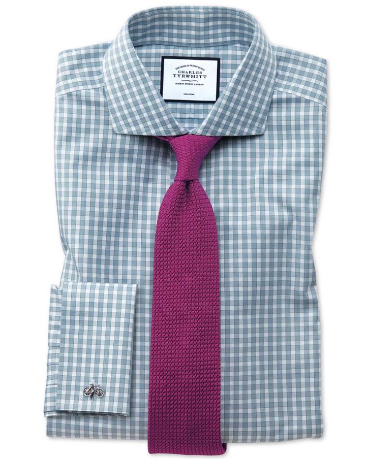  Extra Slim Fit Non-iron Twill Teal Gingham Cotton Dress Shirt Single Cuff Size 14.5/33 By Charles Tyrwhitt
