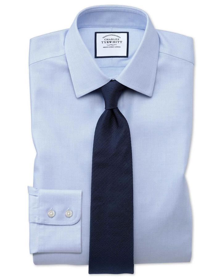 Charles Tyrwhitt Extra Slim Fit Non-iron Step Weave Sky Blue Cotton Dress Shirt Single Cuff Size 14.5/32 By Charles Tyrwhitt
