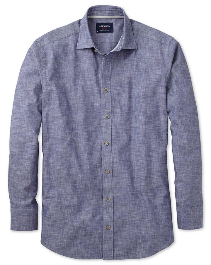 Charles Tyrwhitt Charles Tyrwhitt Classic Fit Chambray Navy Textured Cotton Dress Shirt Size Large
