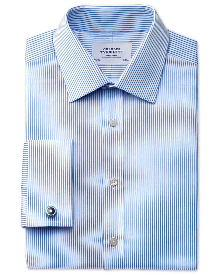 Charles Tyrwhitt Classic Fit Raised Stripe Sky Blue Cotton Dress Casual Shirt Single Cuff Size 16.5/35 By Charles Tyrwhitt