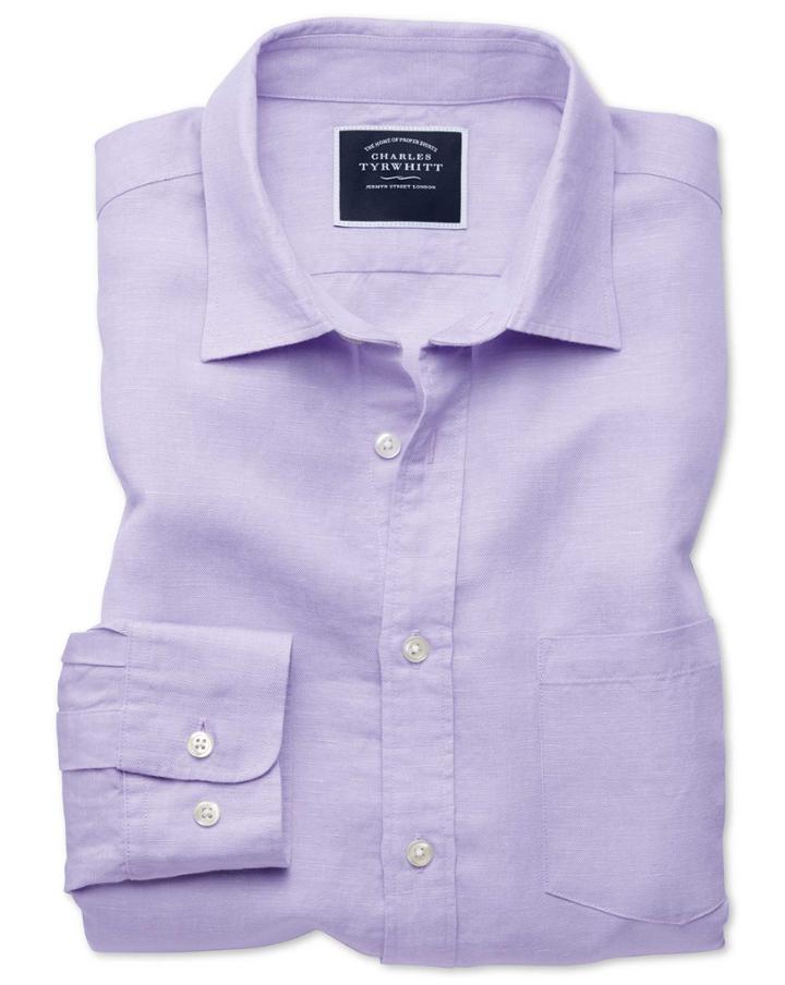  Slim Fit Lilac Tencel&trade; With Linen Casual Shirt Single Cuff Size Large By Charles Tyrwhitt