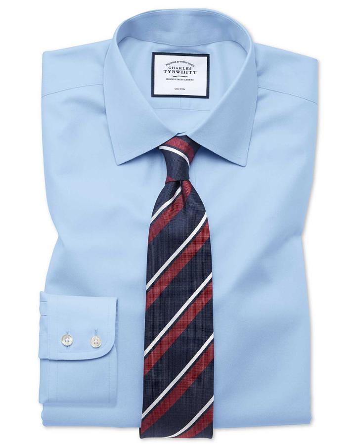 Slim Fit Sky Blue Non-iron Twill Cotton Dress Shirt Single Cuff Size 14.5/32 By Charles Tyrwhitt