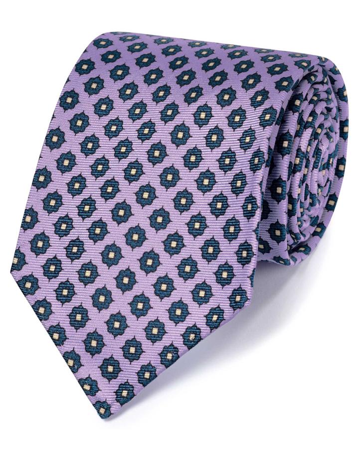  Lilac And Navy Motif Luxury English Hand Rolled Silk Tie By Charles Tyrwhitt