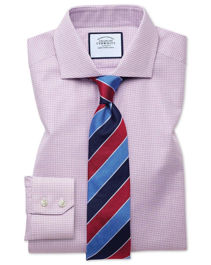  Extra Slim Fit Textured Puppytooth Pink Cotton Dress Shirt French Cuff Size 14.5/32 By Charles Tyrwhitt