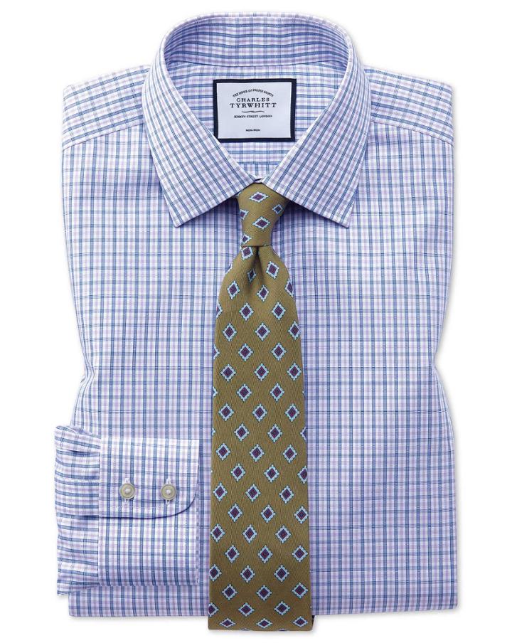  Slim Fit Non-iron Blue And Purple Check Cotton Dress Shirt Single Cuff Size 14.5/33 By Charles Tyrwhitt