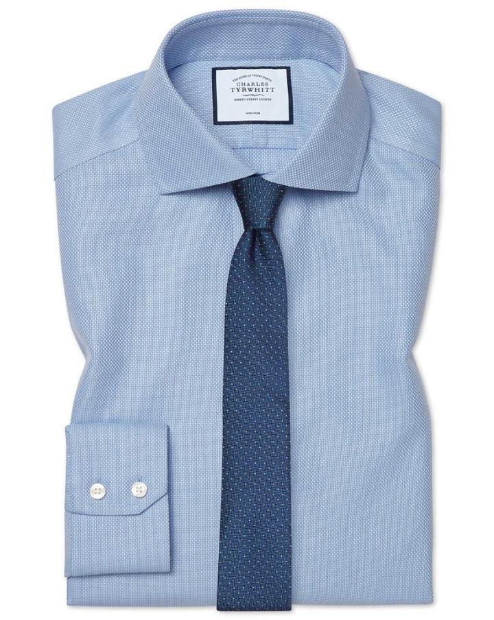  Extra Slim Fit Cutaway Collar Non-iron Buckingham Weave Blue Cotton Dress Shirt Single Cuff Size 14.5/32 By Charles Tyrwhitt