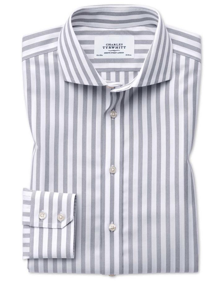 Charles Tyrwhitt Extra Slim Fit Spread Collar Non-iron Wide Stripe Grey Cotton Dress Casual Shirt Single Cuff Size 14.5/32 By Charles Tyrwhitt