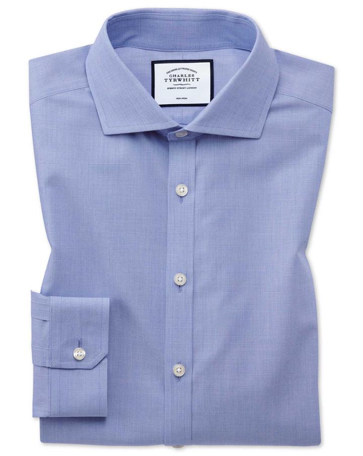  Super Slim Fit Non-iron 4-way Stretch Blue Cotton Dress Shirt Single Cuff Size 14.5/32 By Charles Tyrwhitt