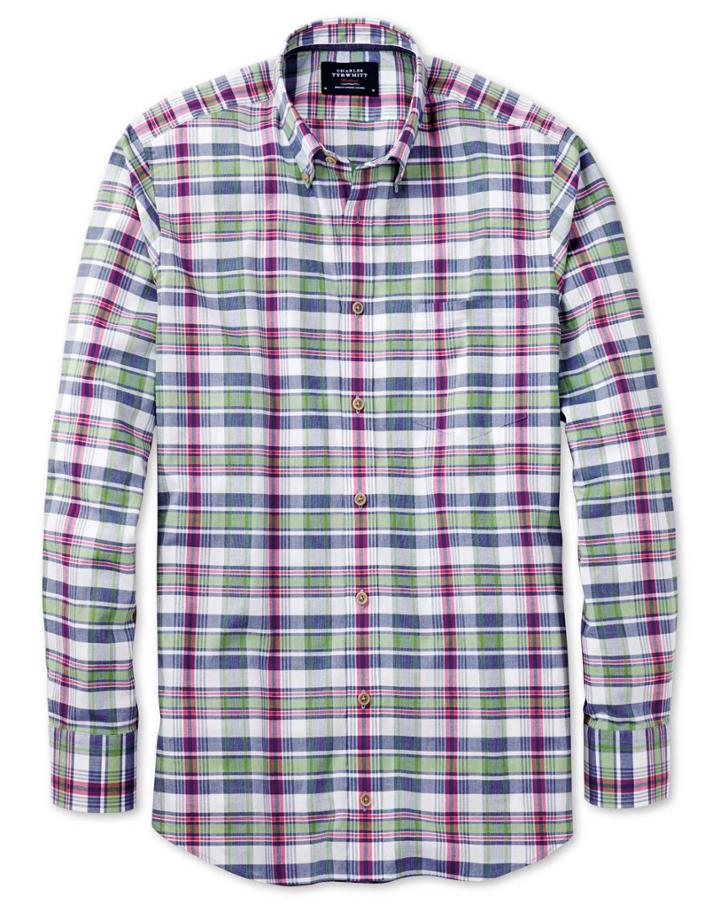 Charles Tyrwhitt Charles Tyrwhitt Slim Fit Poplin Pink And Green Check Cotton Dress Shirt Size Large