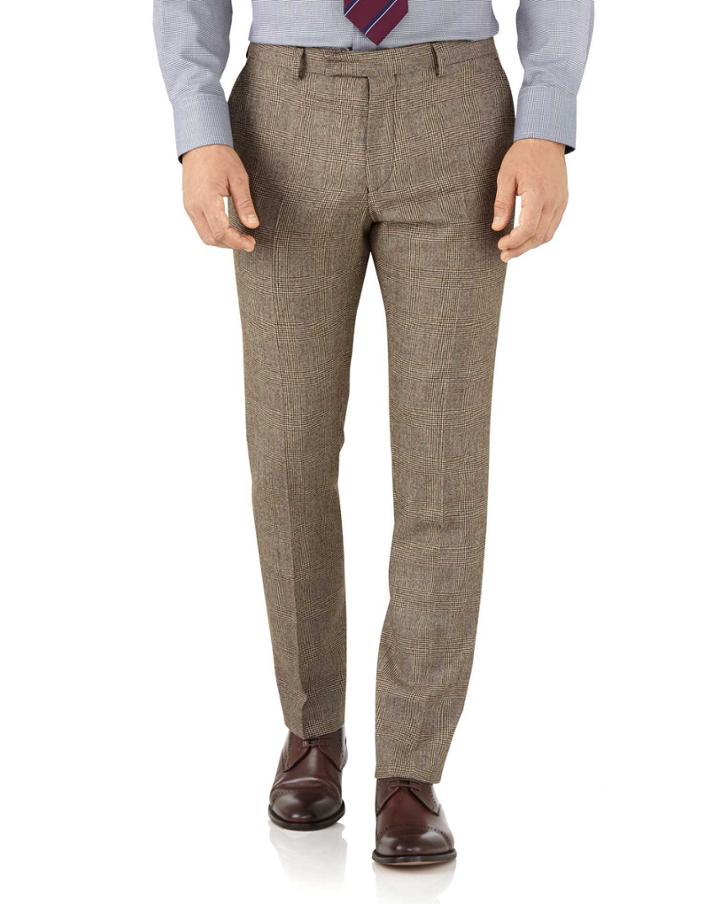 Charles Tyrwhitt Tan Check Slim Fit British Serge Luxury Suit Wool Pants Size W32 L32 By Charles Tyrwhitt