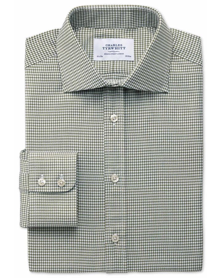  Slim Fit Semi-spread Collar Melange Puppytooth Khaki Cotton Dress Shirt Single Cuff Size 14.5/33 By Charles Tyrwhitt