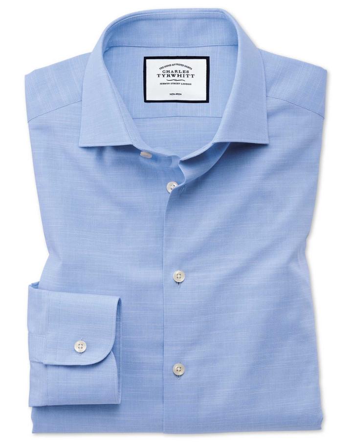  Slim Fit Business Casual Egyptian Cotton Slub Sky Blue Dress Shirt Single Cuff Size 14.5/32 By Charles Tyrwhitt