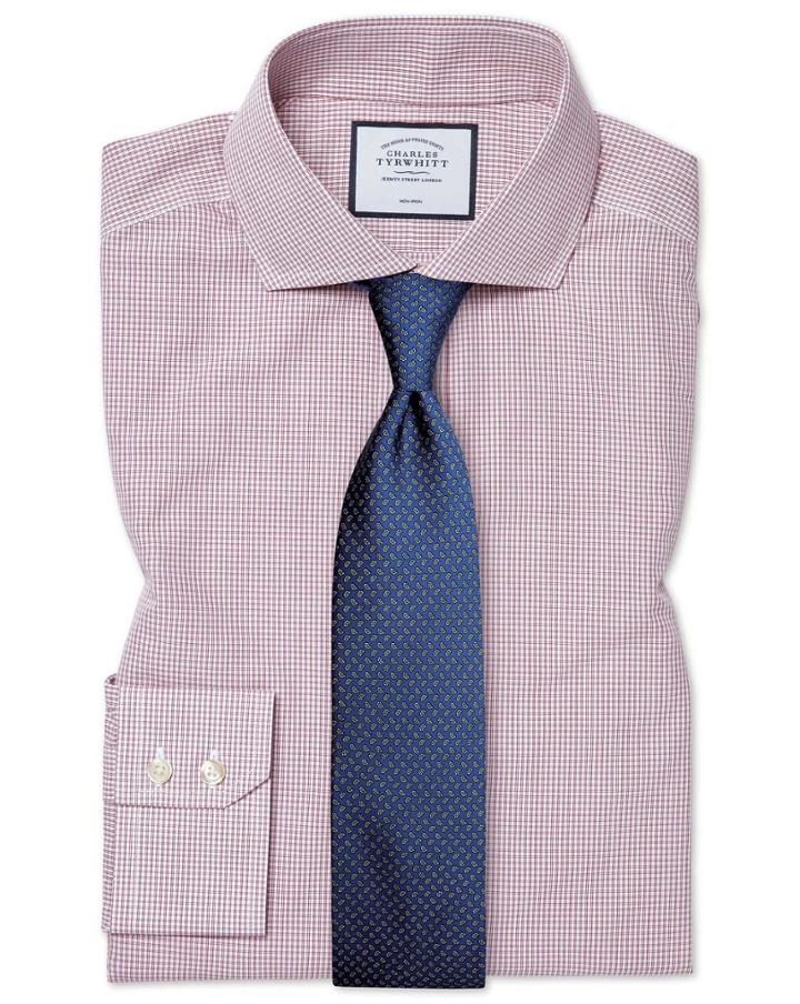  Extra Slim Fit Non-iron Tyrwhitt Cool Poplin Check Berry Cotton Dress Shirt Single Cuff Size 14.5/32 By Charles Tyrwhitt