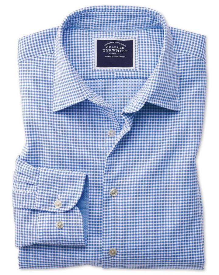 Charles Tyrwhitt Classic Fit Washed Blue Textured Check Cotton Casual Shirt Single Cuff Size Medium By Charles Tyrwhitt