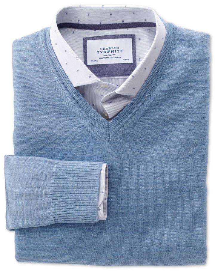 Charles Tyrwhitt Charles Tyrwhitt Sky Merino Wool V-neck Sweater Size Large