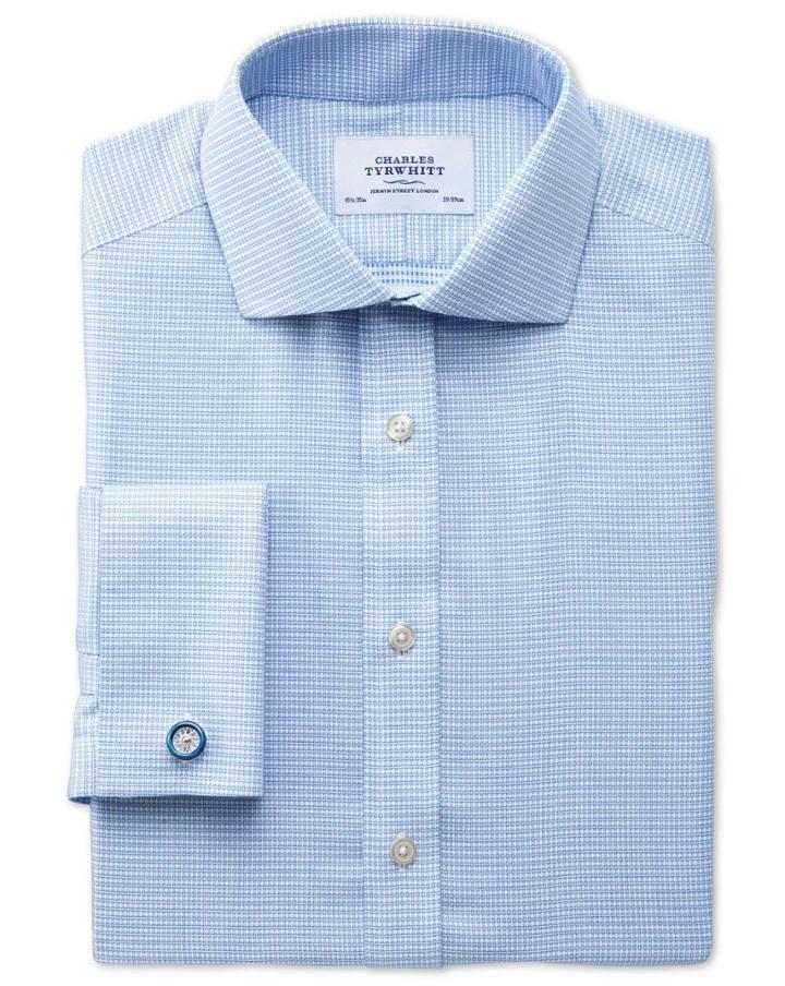 Charles Tyrwhitt Charles Tyrwhitt Slim Fit Spread Collar Non-iron Square Textured Mid Blue Cotton Dress Shirt Size 14.5/32