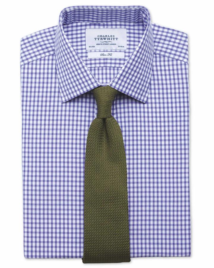 Charles Tyrwhitt Slim Fit Gingham Purple Cotton Dress Shirt French Cuff Size 14.5/33 By Charles Tyrwhitt