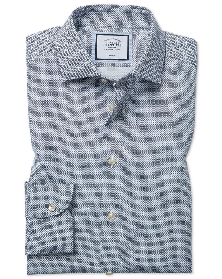  Extra Slim Fit Non-iron Circle Print Navy Cotton Dress Shirt Single Cuff Size 14.5/33 By Charles Tyrwhitt