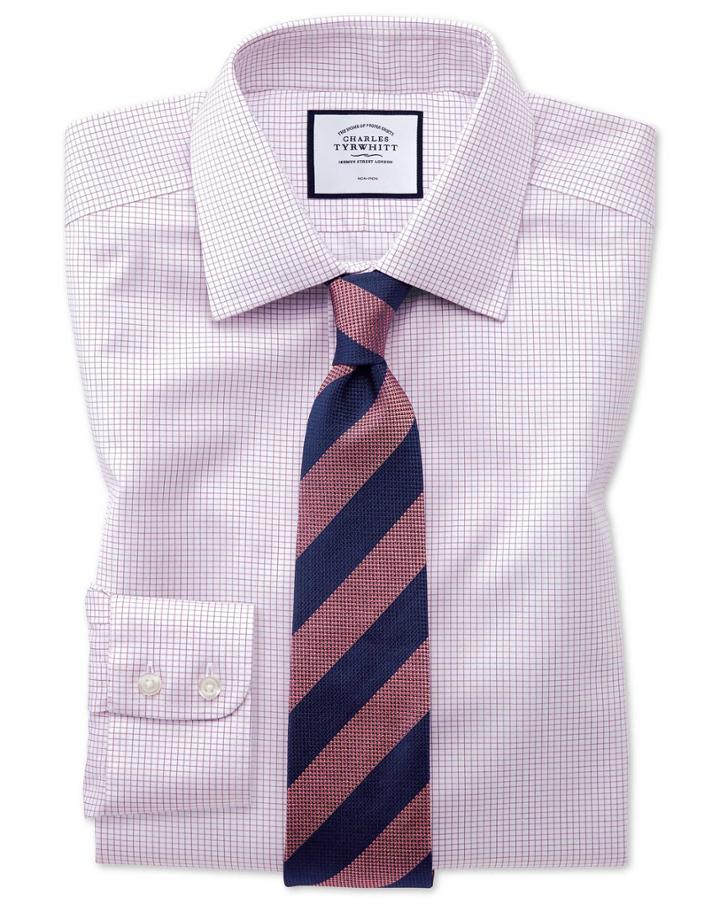  Slim Fit Non-iron Twill Mini Grid Check Purple Cotton Dress Shirt Single Cuff Size 14.5/33 By Charles Tyrwhitt