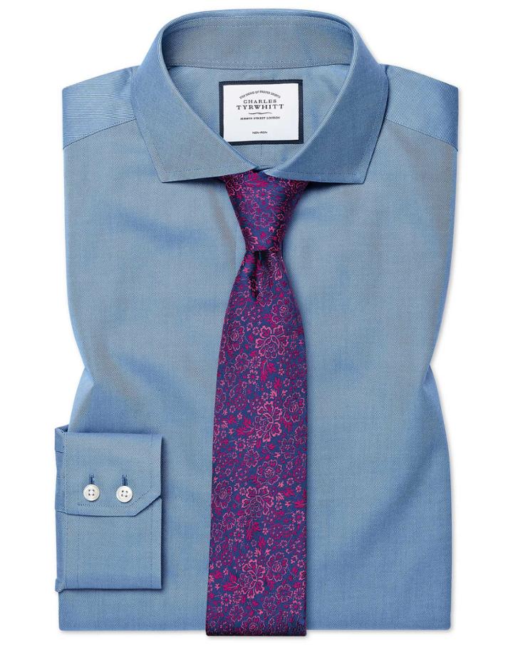  Slim Fit Non-iron Cutaway Collar Twill Blue Cotton Dress Shirt French Cuff Size 14.5/33 By Charles Tyrwhitt