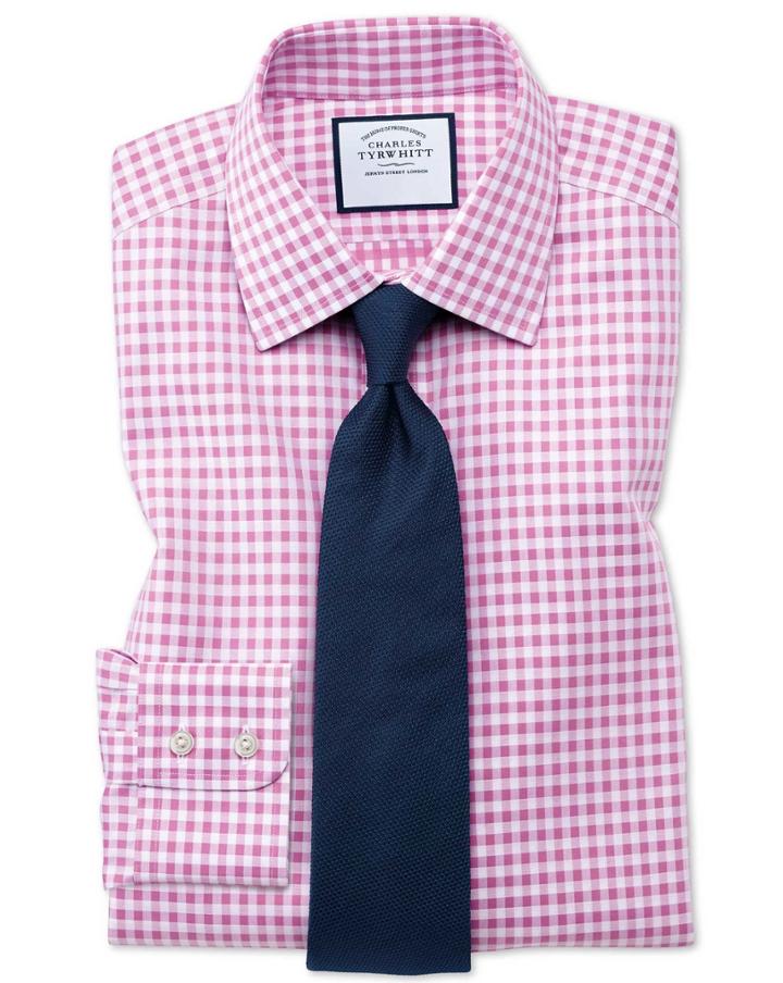 Charles Tyrwhitt Extra Slim Fit Non-iron Gingham Pink Cotton Dress Shirt Single Cuff Size 14.5/33 By Charles Tyrwhitt