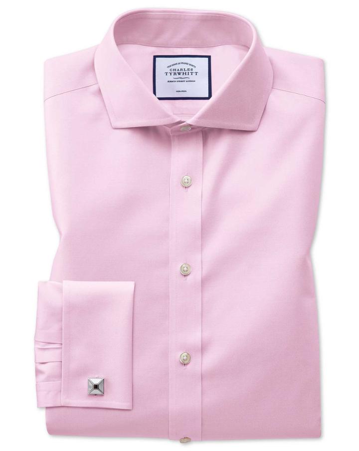  Extra Slim Fit Spread Collar Non-iron Twill Pink Cotton Dress Shirt French Cuff Size 14.5/32 By Charles Tyrwhitt