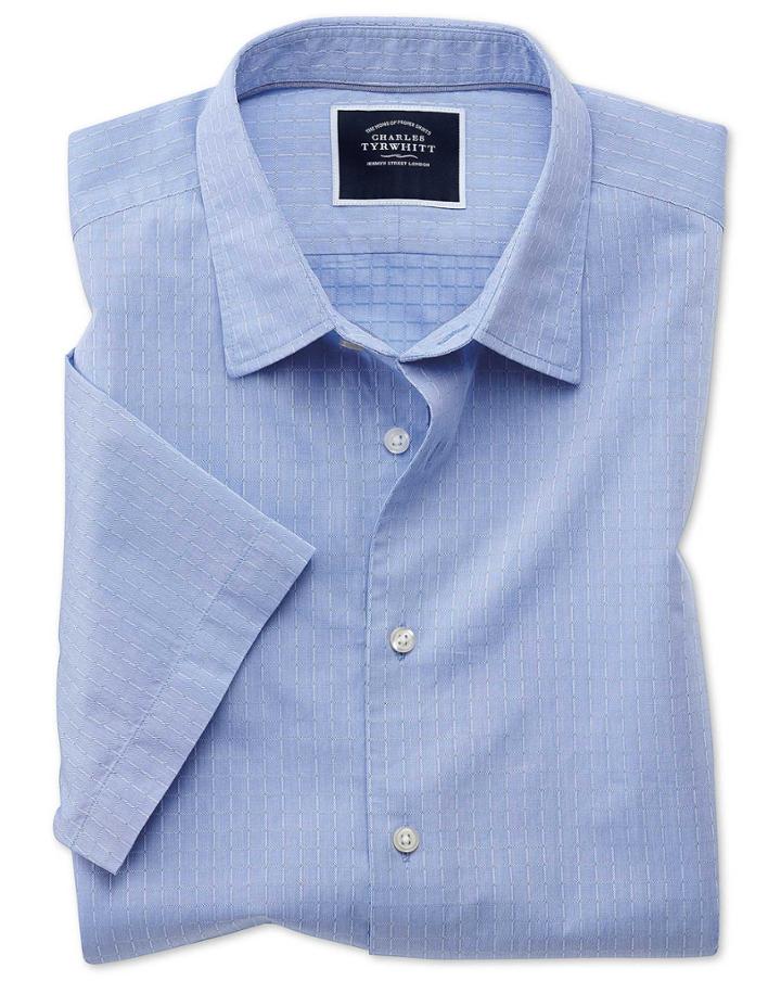  Slim Fit Blue Square Short Sleeve Soft Texture Cotton Casual Shirt Single Cuff Size Large By Charles Tyrwhitt