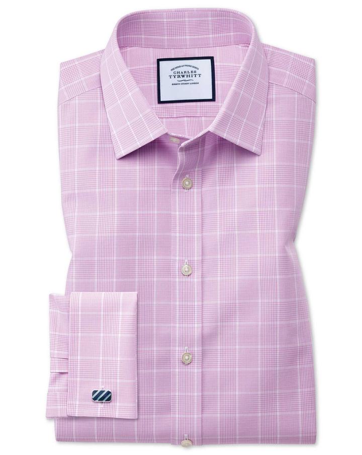 Charles Tyrwhitt Slim Fit Non-iron Prince Of Wales Pink Cotton Dress Shirt French Cuff Size 14.5/33 By Charles Tyrwhitt